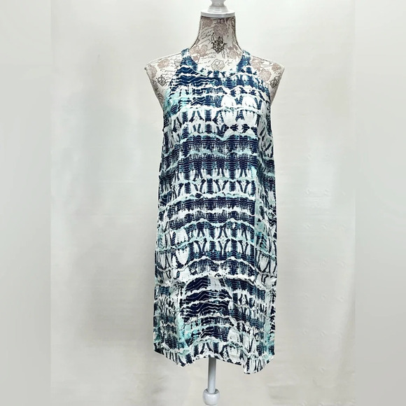 NICOLE MILLER Navy and aqua 💯 Linen halter neck mini dress size M. - Picture 4 of 12